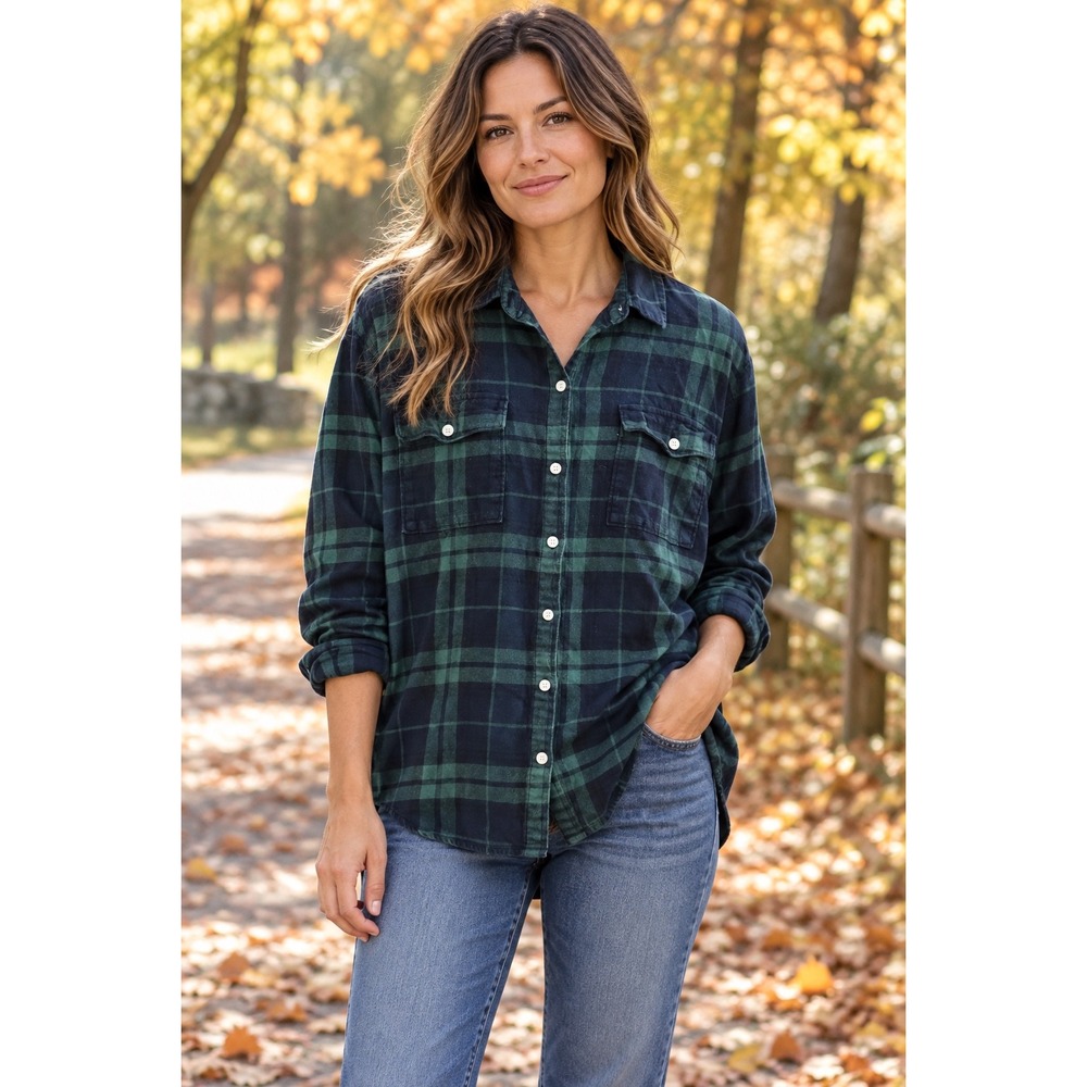 Old Navy The Boyfriend Shirt Women Large Green Navy Plaid Flannel Excellent L